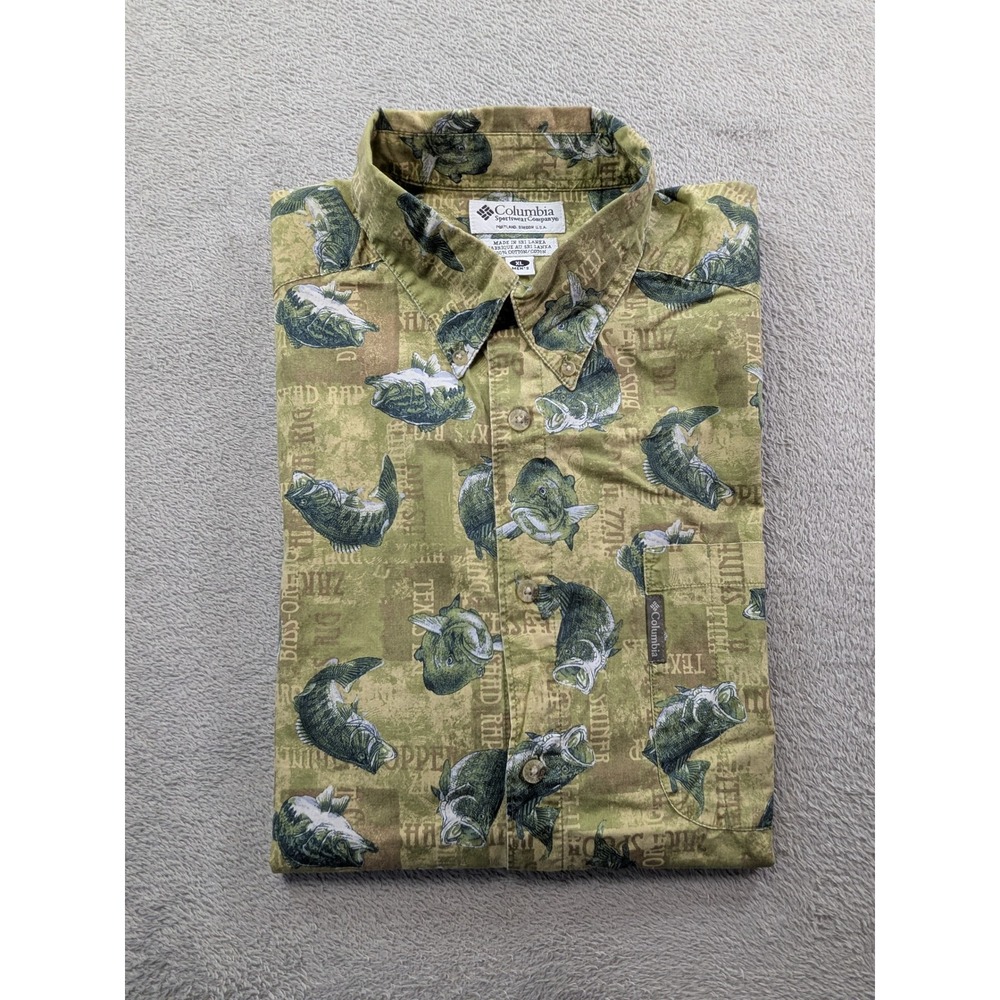 Columbia Mens XL Bass Fishing Graphic Print Short Sleeve Button Down Shirt Green - Picture 9 of 10